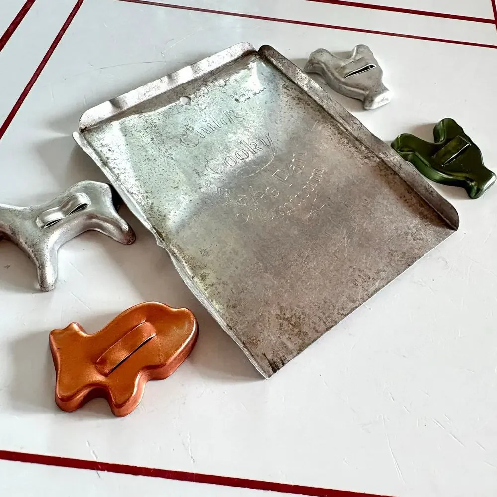 Vintage Child's Cooky Bake Pan Aluminum Toy Baking Set 4 Cookie Cutters